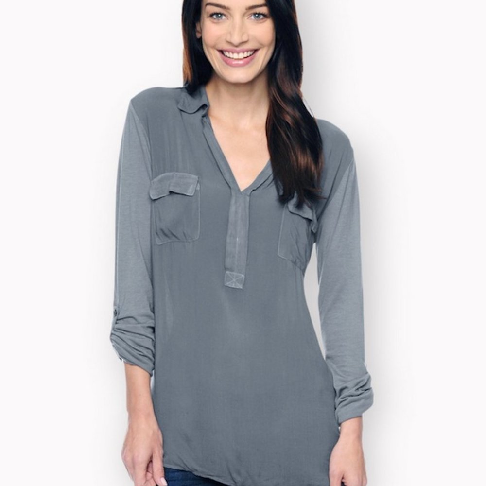 SPLENDID Essential Shirt Blouse Long Sleeve Mixed Media Blue